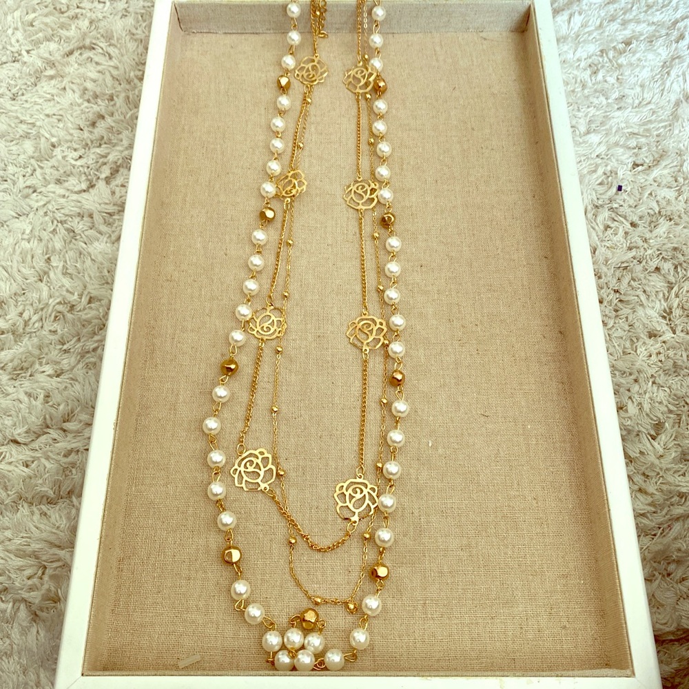 Long Layered gold and pearl Fashion Necklace